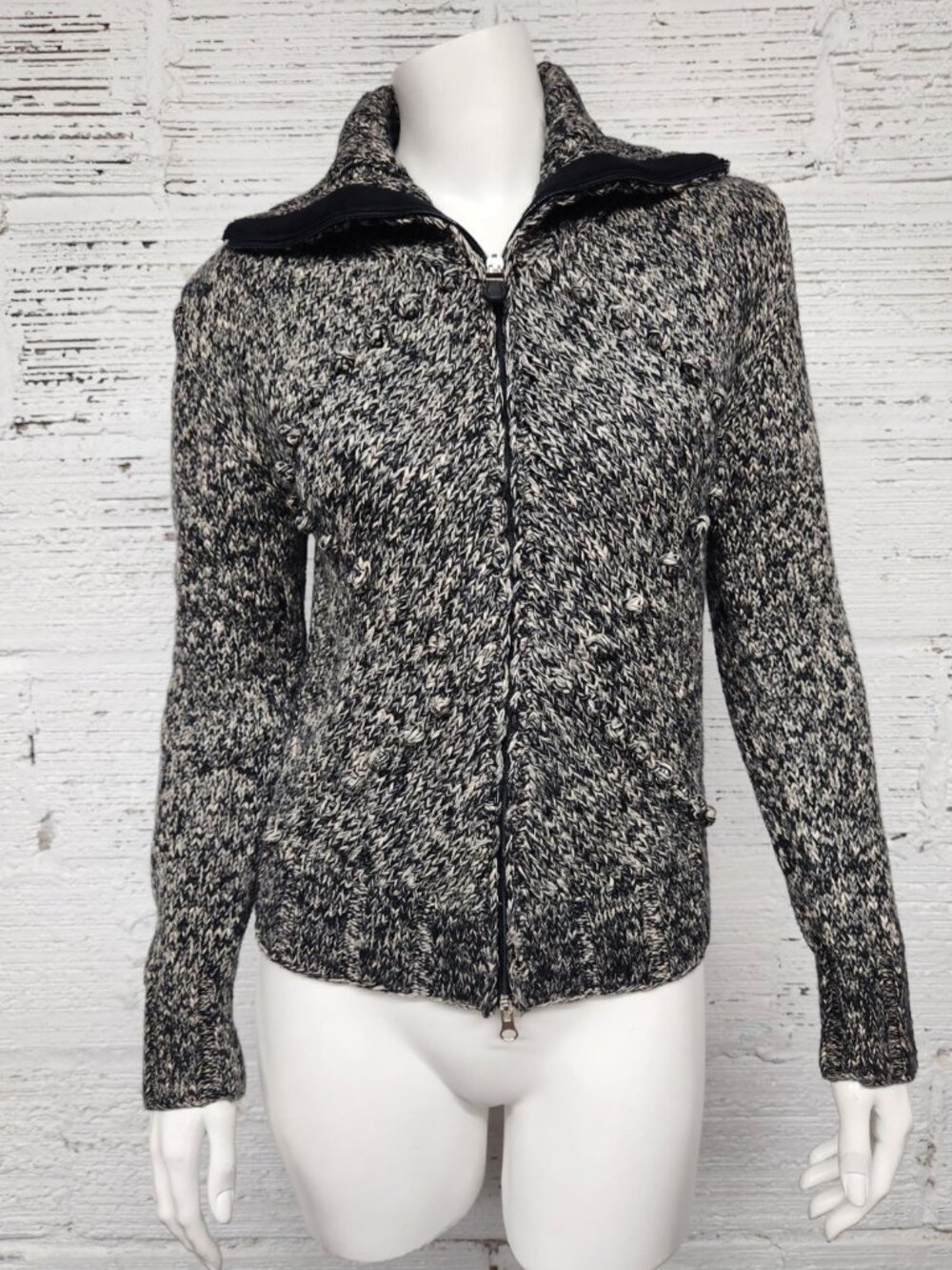 Cousin Johnny Size M Black & White Full Zip Up Cotton Sweater Cardigan